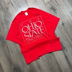 Vintage 80s Ohio State University Single Stitch Spell Out Logo Tee Red Mens L